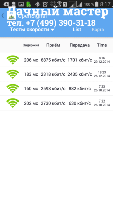 Скриншот с результатами скорости GSM интернета (два нижних результата ДО установки системы усиления)