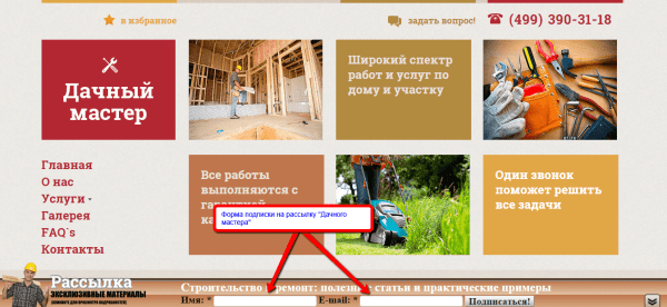 Форма подписки на рассылку "Дачный мастер"