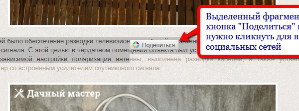 Кнопка "Поделиться" выделенным фрагментом
